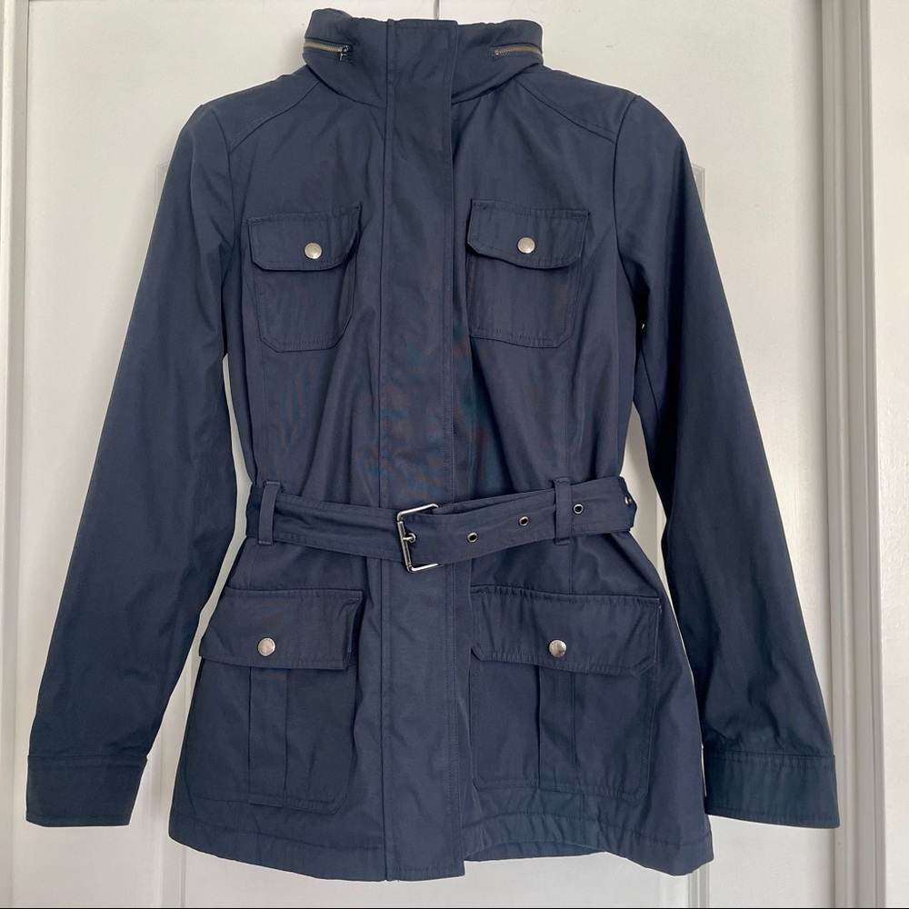 Banana Republic Navy Water Resistant Coat with Belt and Hood